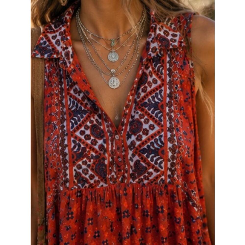 Free People Boho Tunic Dress Medium Red Paisley Printed Mini Collar Button Front - Picture 2 of 14